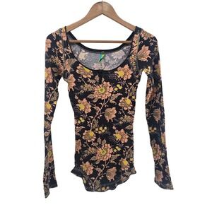 Free People Thermal Top Women Small Black Floral We The Free Waffle Knit Scoop